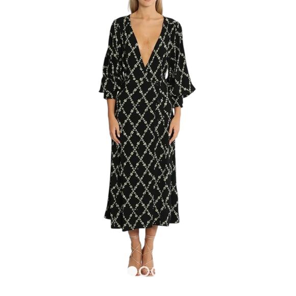 Ganni Long Sleeve Dress Plunging Neckline Black Floral Wrap Size 6 - Picture 2 of 10